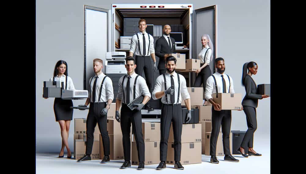 Déménageurs professionnels Fast Move Benelux transportant du matériel informatique d'entreprise