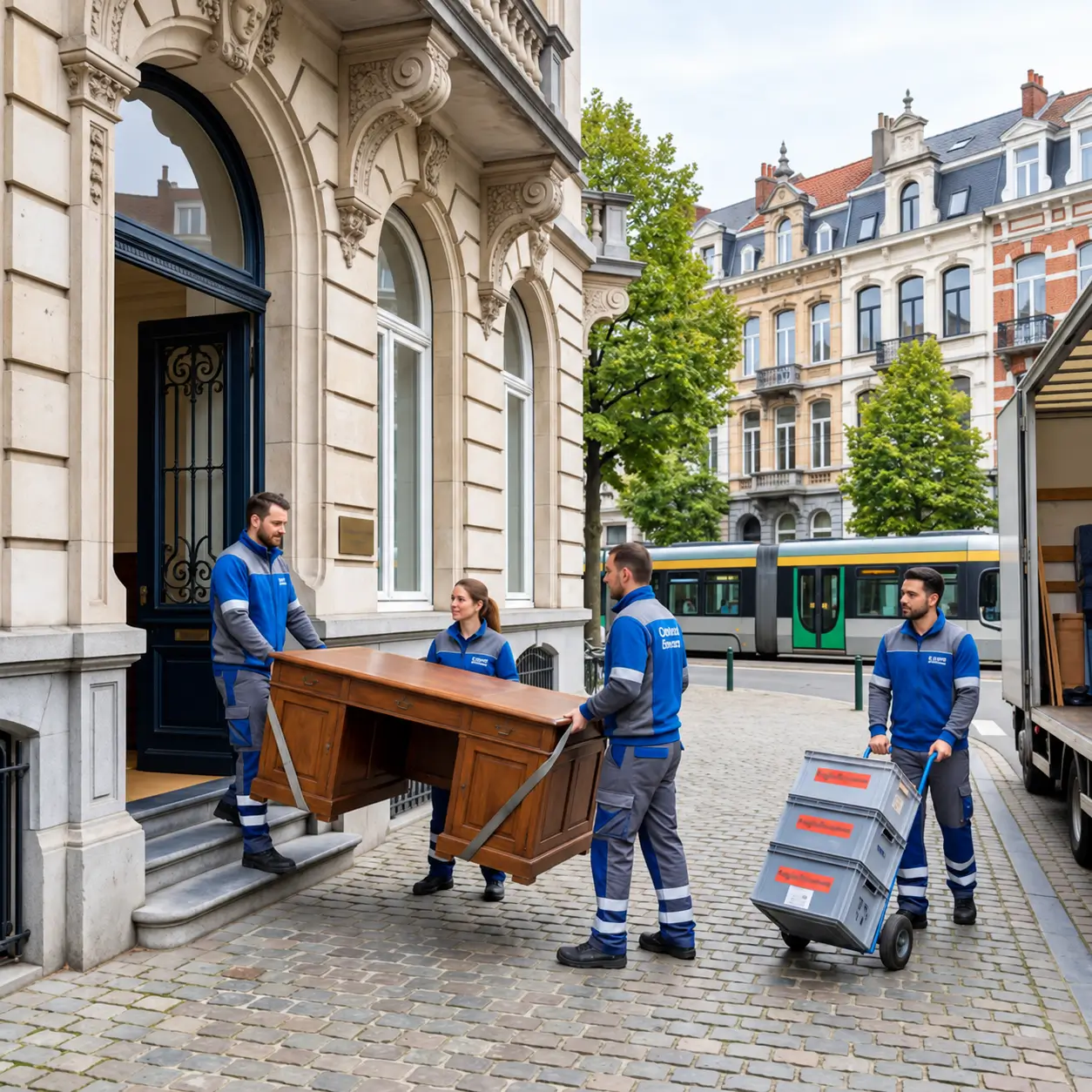 Équipe de déménageurs professionnels Fast Move Benelux déplaçant du mobilier de bureau devant un bâtiment bruxellois classique