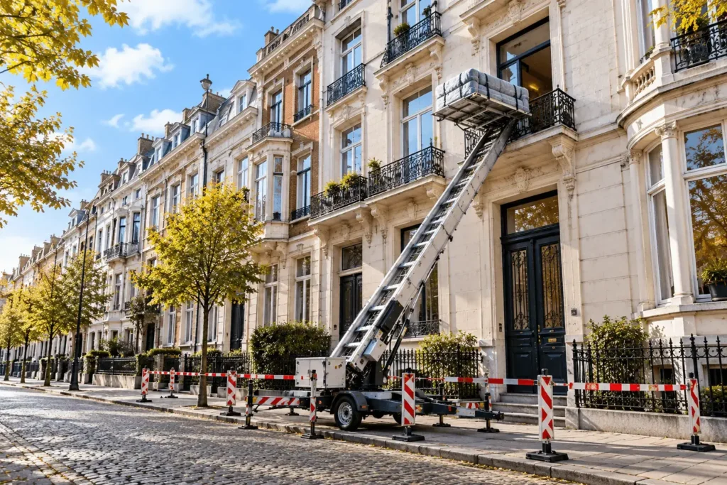 Monte-meubles déployé contre une façade à Bruxelles
