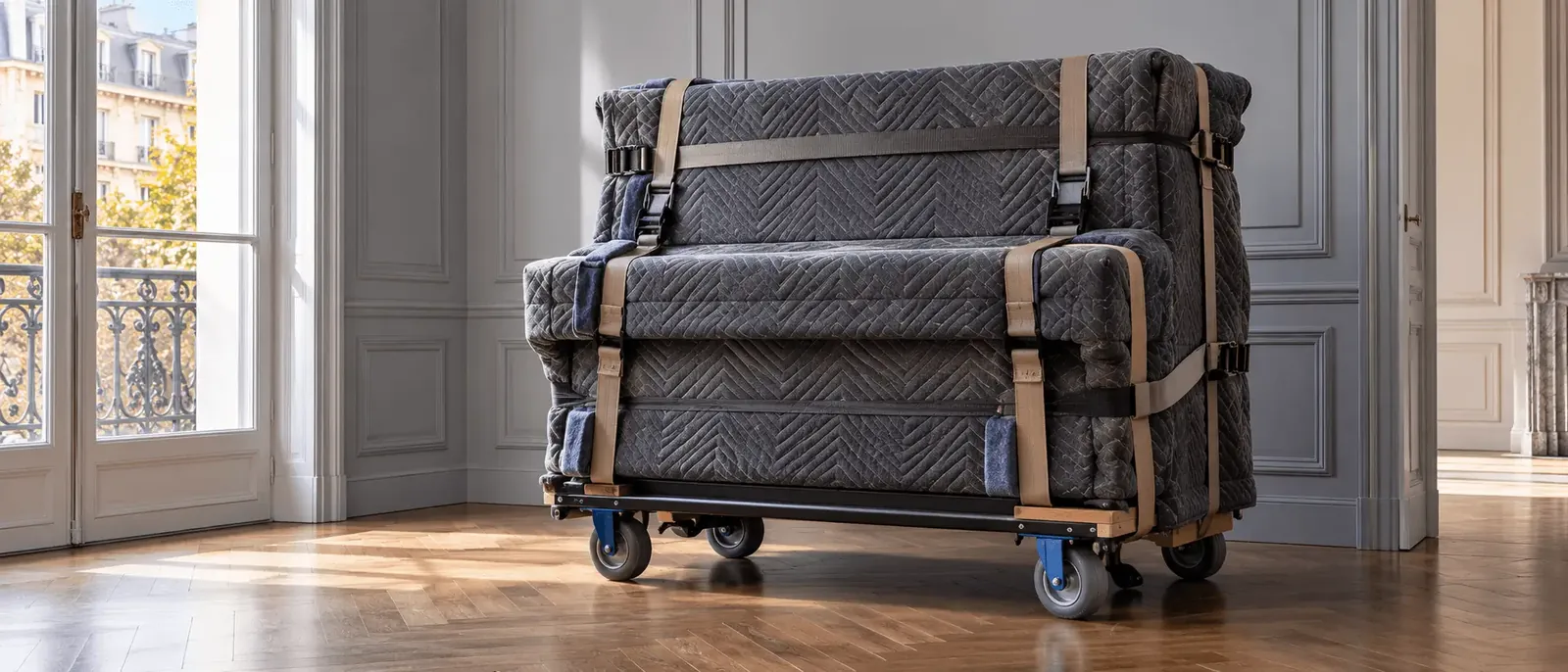 Déménagement de piano à Bruxelles : piano droit protégé sur chariot